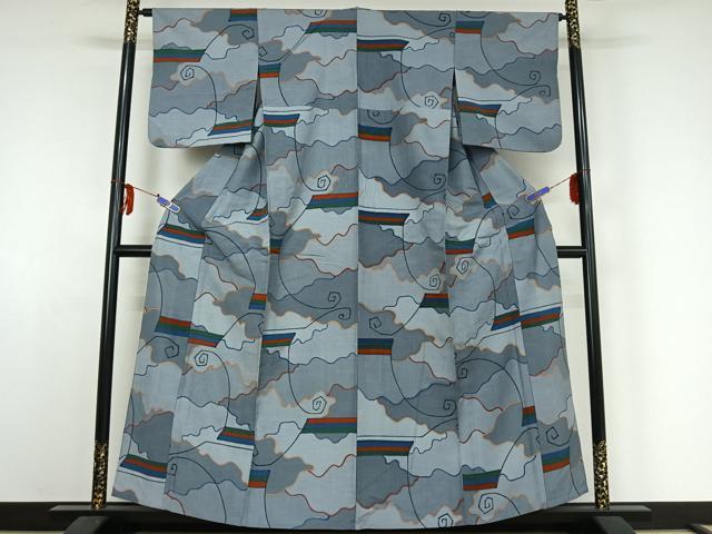 平和屋着物▽上質な紬　単衣　幾何学文様　正絹　逸品　AABE4119jh