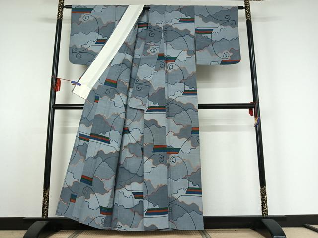 平和屋着物▽上質な紬　単衣　幾何学文様　正絹　逸品　AABE4119jh