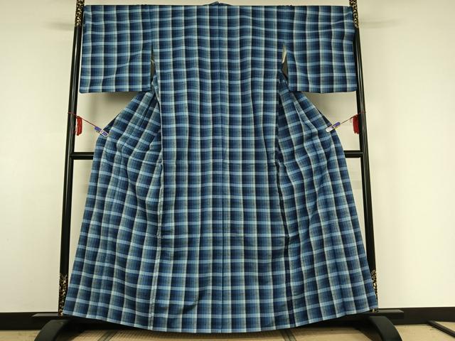 平和屋着物▽上質な紬　単衣　格子　正絹　逸品　AABE4120jh