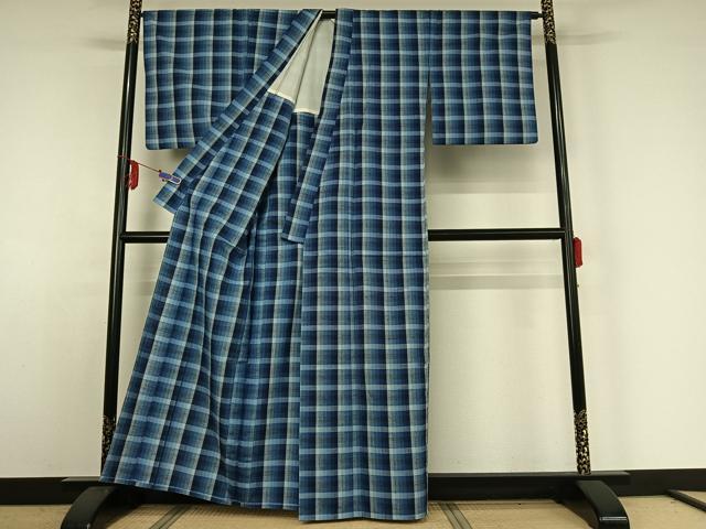 平和屋着物▽上質な紬　単衣　格子　正絹　逸品　AABE4120jh
