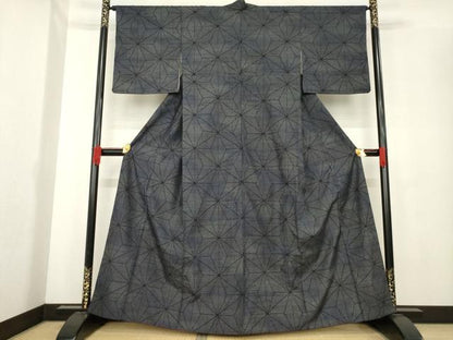 平和屋着物●塩沢紬　麻の葉霞文　正絹　逸品　AABE4127ck