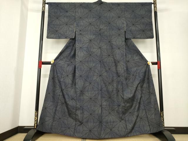 平和屋着物●塩沢紬　麻の葉霞文　正絹　逸品　AABE4127ck