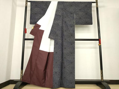 平和屋着物●塩沢紬　麻の葉霞文　正絹　逸品　AABE4127ck