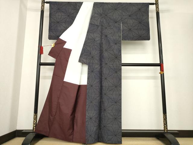 平和屋着物●塩沢紬　麻の葉霞文　正絹　逸品　AABE4127ck