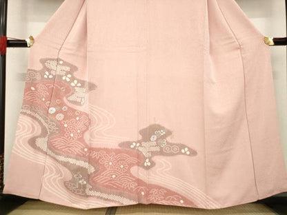平和屋着物●訪問着　絞り　刺繍　流水花文　金彩　正絹　逸品　AABE4159ck