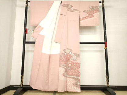 平和屋着物●訪問着　絞り　刺繍　流水花文　金彩　正絹　逸品　AABE4159ck