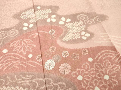 平和屋着物●訪問着　絞り　刺繍　流水花文　金彩　正絹　逸品　AABE4159ck