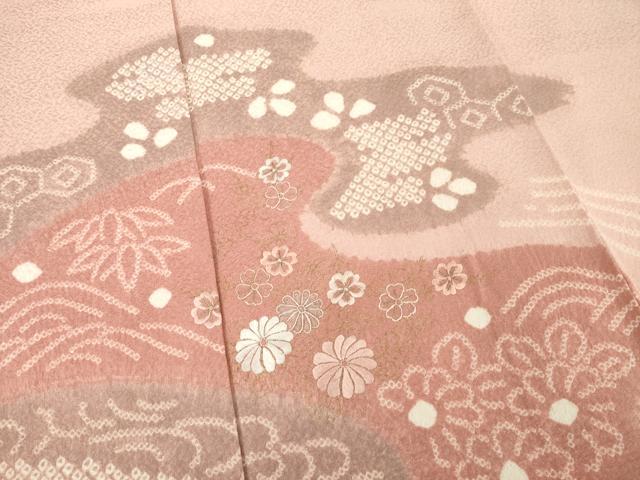 平和屋着物●訪問着　絞り　刺繍　流水花文　金彩　正絹　逸品　AABE4159ck