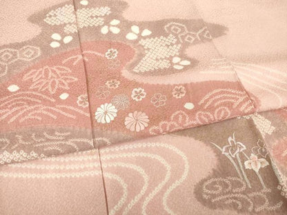 平和屋着物●訪問着　絞り　刺繍　流水花文　金彩　正絹　逸品　AABE4159ck