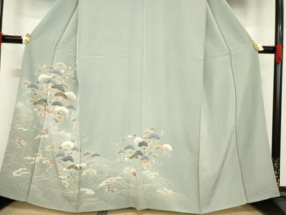 平和屋着物●訪問着　友禅　刺繍　立波風景松文　金彩　正絹　逸品　AABE4169ck