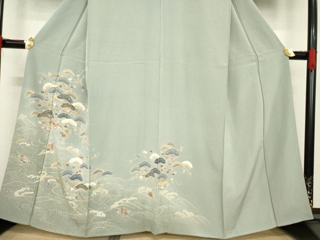 平和屋着物●訪問着　友禅　刺繍　立波風景松文　金彩　正絹　逸品　AABE4169ck