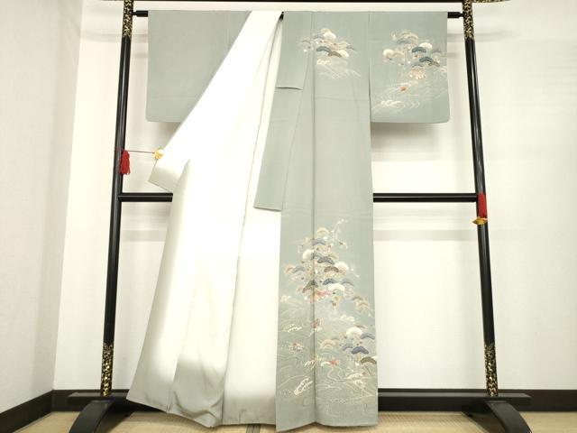 平和屋着物●訪問着　友禅　刺繍　立波風景松文　金彩　正絹　逸品　AABE4169ck