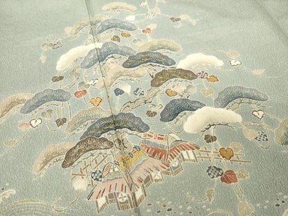 平和屋着物●訪問着　友禅　刺繍　立波風景松文　金彩　正絹　逸品　AABE4169ck