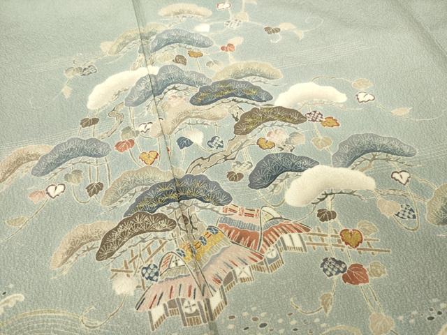 平和屋着物●訪問着　友禅　刺繍　立波風景松文　金彩　正絹　逸品　AABE4169ck