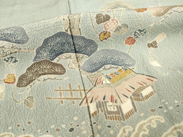 平和屋着物●訪問着　友禅　刺繍　立波風景松文　金彩　正絹　逸品　AABE4169ck