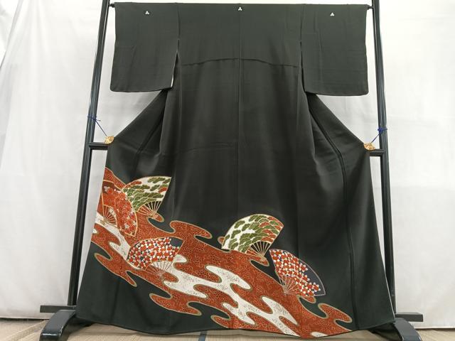 平和屋着物■豪華黒留袖　駒刺繍　扇面草花文　金彩　正絹　逸品　AABE4224uw