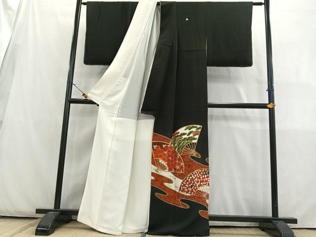 平和屋着物■豪華黒留袖　駒刺繍　扇面草花文　金彩　正絹　逸品　AABE4224uw