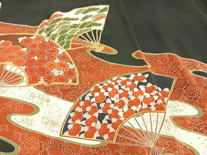 平和屋着物■豪華黒留袖　駒刺繍　扇面草花文　金彩　正絹　逸品　AABE4224uw