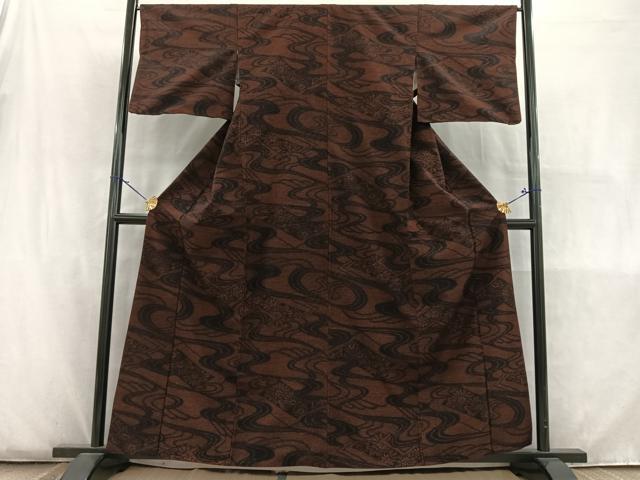 平和屋着物■上質な紬　流水花文　黒地　正絹　逸品　AABE4227uw