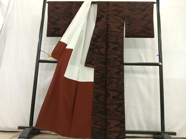 平和屋着物■上質な紬　流水花文　黒地　正絹　逸品　AABE4227uw