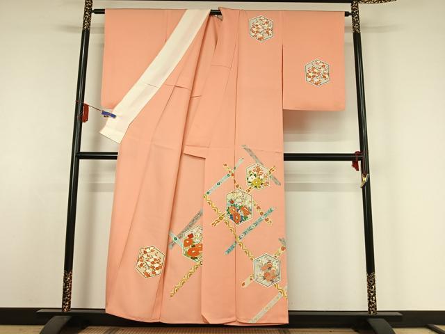 平和屋着物▽訪問着 単衣 亀甲花文 正絹 逸品 AABE4246jh