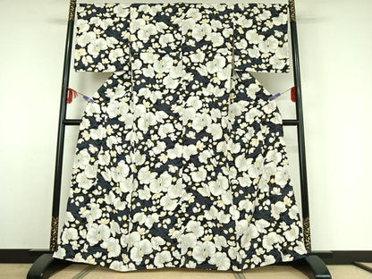 平和屋着物▽上質な小紋 単衣 胡蝶蘭 黒地 金彩 正絹 逸品 AABE4251jh