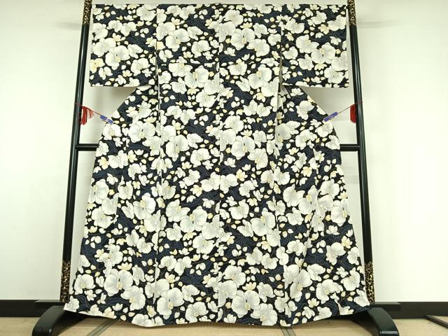 平和屋着物▽上質な小紋 単衣 胡蝶蘭 黒地 金彩 正絹 逸品 AABE4251jh