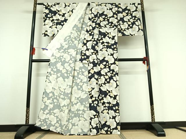 平和屋着物▽上質な小紋 単衣 胡蝶蘭 黒地 金彩 正絹 逸品 AABE4251jh