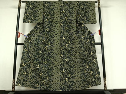 平和屋着物▽上質な小紋 単衣 笹の葉文 黒地 正絹 逸品 AABE4252jh