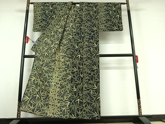 平和屋着物▽上質な小紋 単衣 笹の葉文 黒地 正絹 逸品 AABE4252jh