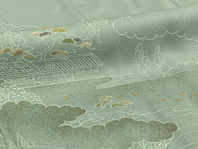 平和屋着物▽訪問着 単衣 刺繍 人物風景文 金彩 金糸 正絹 逸品 AABE4263jh