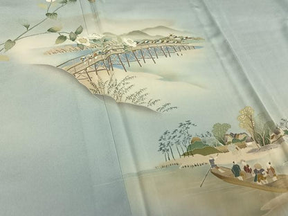 平和屋着物▽訪問着　単衣　作家物　人物風景花文　暈し染め　正絹　逸品　AABE4264jh
