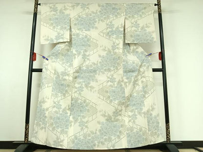 平和屋着物▽本塩沢 単衣 草花文 正絹 逸品 AABE4271jh