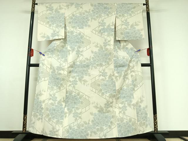 平和屋着物▽本塩沢 単衣 草花文 正絹 逸品 AABE4271jh