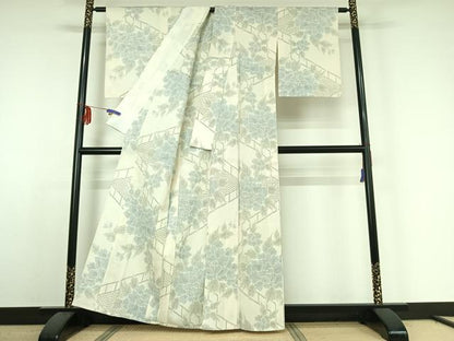 平和屋着物▽本塩沢 単衣 草花文 正絹 逸品 AABE4271jh