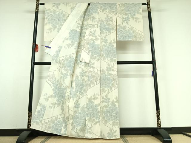 平和屋着物▽本塩沢 単衣 草花文 正絹 逸品 AABE4271jh