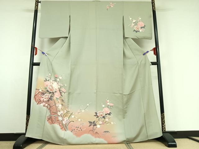 平和屋着物▽訪問着 単衣 花籬文 暈し染め 金銀彩 正絹 逸品 AABE4272jh