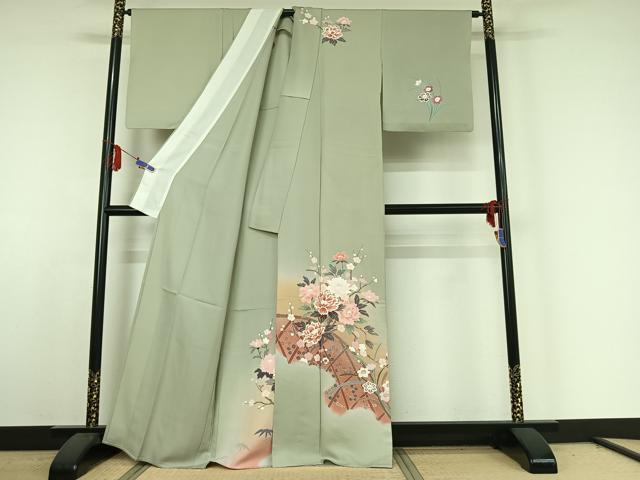 平和屋着物▽訪問着 単衣 花籬文 暈し染め 金銀彩 正絹 逸品 AABE4272jh
