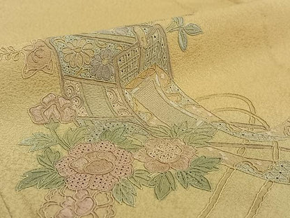 平和屋着物▽訪問着 単衣 中国三大刺繍 スワトウ刺繍 汕頭刺繍 総刺繍 御所車花文 暈し染め 正絹 逸品 AABE4274jh