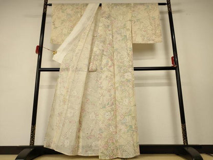 平和屋着物＊夏物 小紋 絽 手描き 草花文 正絹 逸品 AABE4295jd