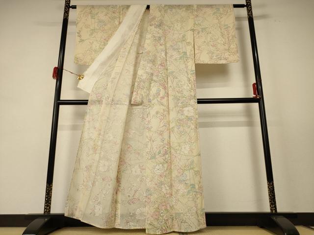 平和屋着物＊夏物 小紋 絽 手描き 草花文 正絹 逸品 AABE4295jd