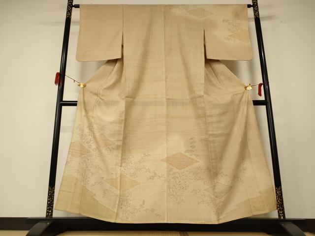平和屋着物＊夏物 銀座きしや 訪問着 生紬 手描き 菱草花文 反端付き 正絹 逸品 AABE4370jd