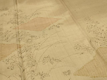 平和屋着物＊夏物 銀座きしや 訪問着 生紬 手描き 菱草花文 反端付き 正絹 逸品 AABE4370jd