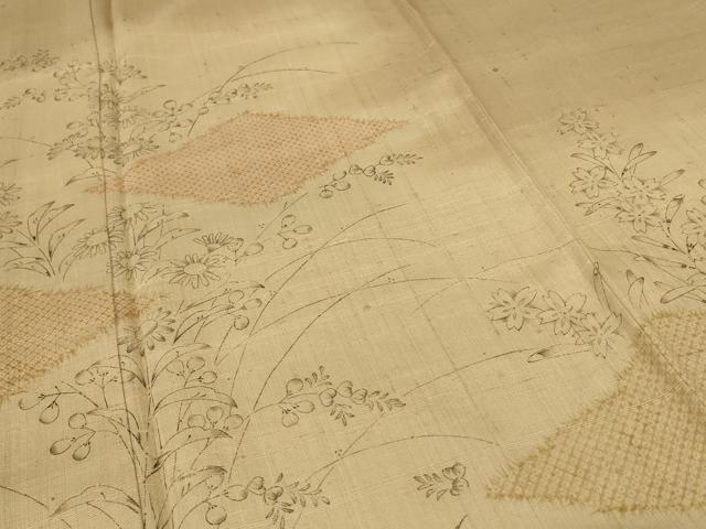 平和屋着物＊夏物 銀座きしや 訪問着 生紬 手描き 菱草花文 反端付き 正絹 逸品 AABE4370jd