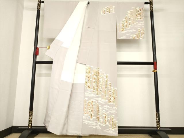 平和屋着物●銀座きしや　訪問着　駒刺繍　松竹梅吉祥文　薄柿色地　金彩　正絹　逸品　AABE4434ck