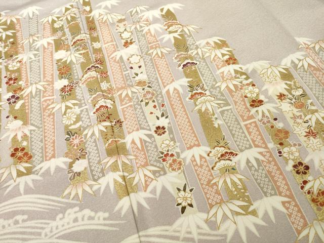 平和屋着物●銀座きしや　訪問着　駒刺繍　松竹梅吉祥文　薄柿色地　金彩　正絹　逸品　AABE4434ck