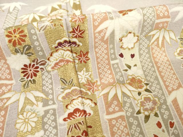 平和屋着物●銀座きしや　訪問着　駒刺繍　松竹梅吉祥文　薄柿色地　金彩　正絹　逸品　AABE4434ck