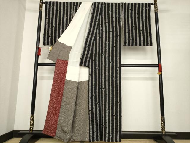 平和屋着物○上質な小紋 絞り 竹縞 黒地 正絹 逸品 AABE4450ck