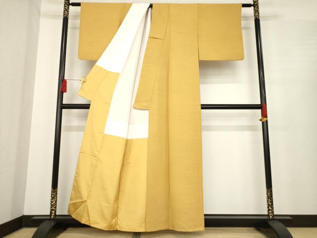平和屋着物●上質な紬 ちぢみ織 色無地 黄土色 正絹 逸品 AABE4455ck