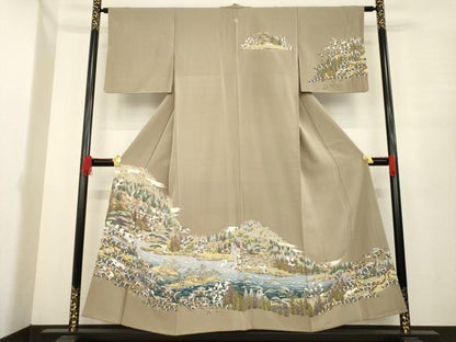平和屋着物●訪問着　友禅　飛鶴風景文　正絹　逸品　AABE4462ck